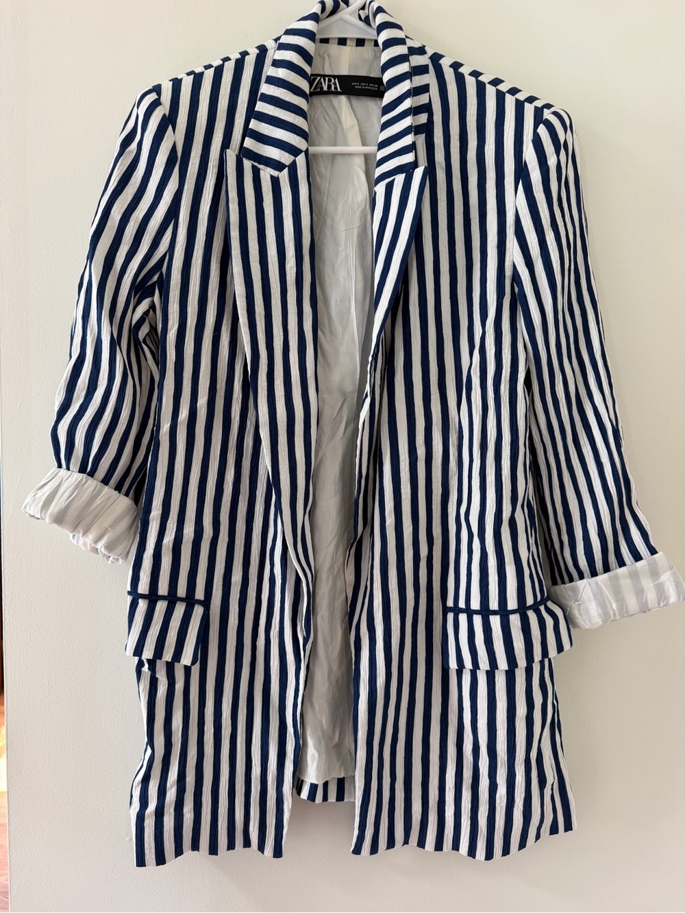 Zara Blazer Jacket Womens S White Blue Excellent Vertical Stripe Open Front